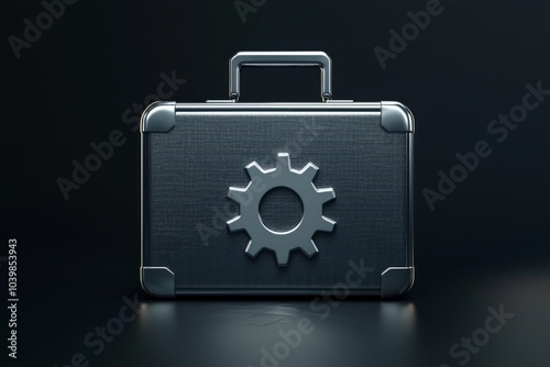 A sleek metallic briefcase with a floating gear icon, representing business strategy and efficiency. 