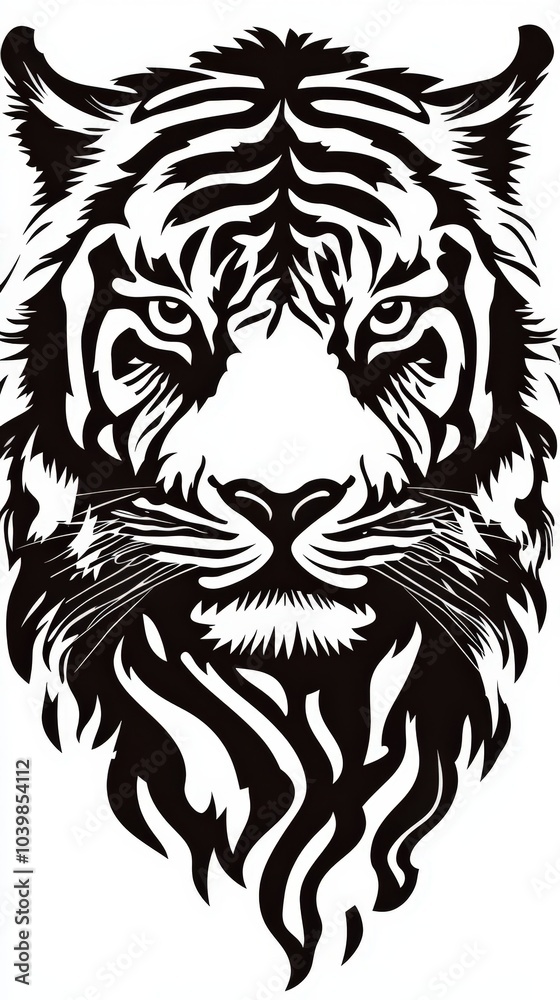 Majestic black and white tiger illustration showcasing intricate details and fierce expression Majestic black and white tiger illustration showcasing intricate details and fierce expression