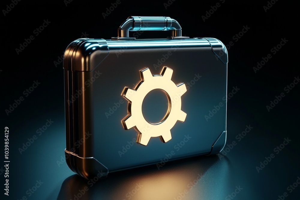 A sleek metallic briefcase with a floating gear icon, representing business strategy and efficiency. A sleek metallic briefcase with a floating gear icon, representing business strategy and efficiency.