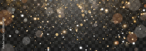 Vector blurred bokeh and lights. Bokeh light effect isolated on a png background. Festive golden glowing background. Vector Christmas theme isolated on a transparent background
