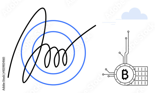 A digital signature on a blue concentric circle background. Right side contains a Bitcoin symbol with circuit-like design and a blue cloud. Ideal for blockchain, cryptocurrency, digital security