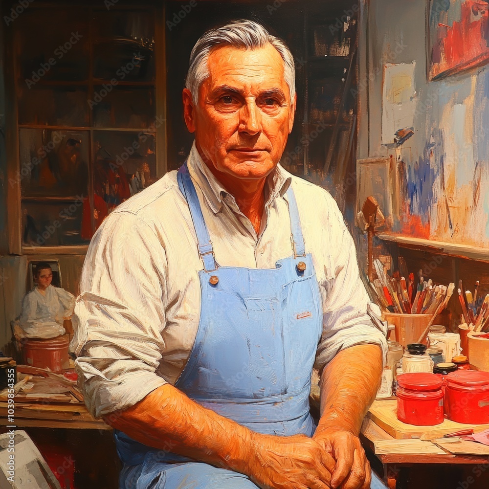 An artist reflecting in his workshop surrounded by tools and vibrant paint at sunset An artist reflecting in his workshop surrounded by tools and vibrant paint at sunset