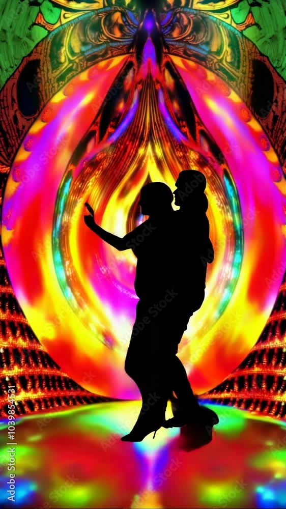 Silhouettes dansantes devant un arrière-plan psychédélique lumineux

