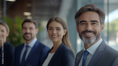 Group of business professionals standing together and smiling