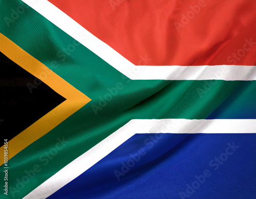 Republic of South Africa flag waving in the wind. Cloth fabric texture ensign background. Use it for national day and country occasions concept photo