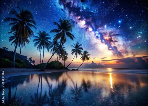 Breathtaking Tropical Beach Night Sky with Starry View Over Palm Trees and Dark Waters