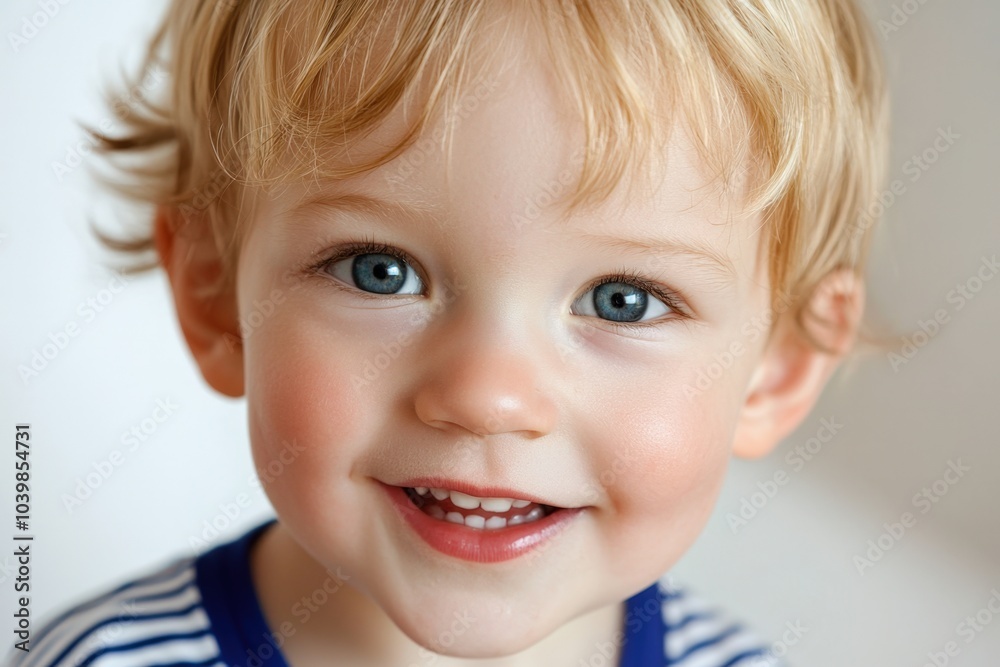 Joyful toddler with sparkling blue eyes smiles warmly in a cozy indoor setting Joyful toddler with sparkling blue eyes smiles warmly in a cozy indoor setting
