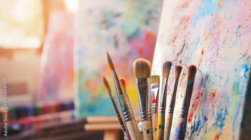 An uplifting painting session in a sunlit studio, Paintbrushes and canvases arranged with creative flair, Artistic studio style An uplifting painting session in a sunlit studio, Paintbrushes and canvases arranged with creative flair, Artistic studio style