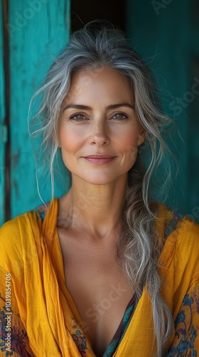 a radiant portrait of a smiling middleaged woman against a vibrant turquoise background capturing warmth and positivity ideal for lifestyle or beauty features