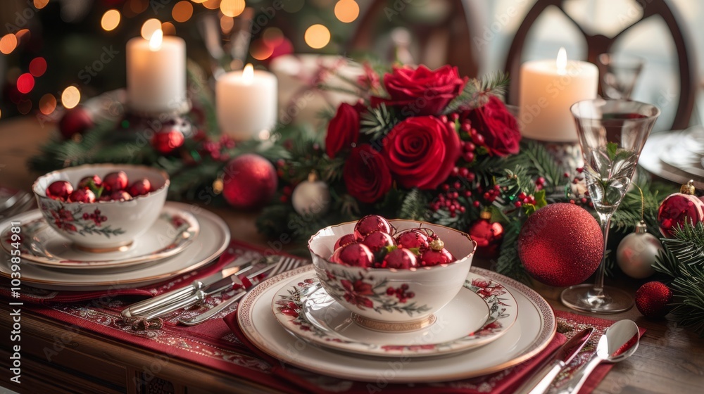 A table is set for a Christmas dinner with two white plates, two forks