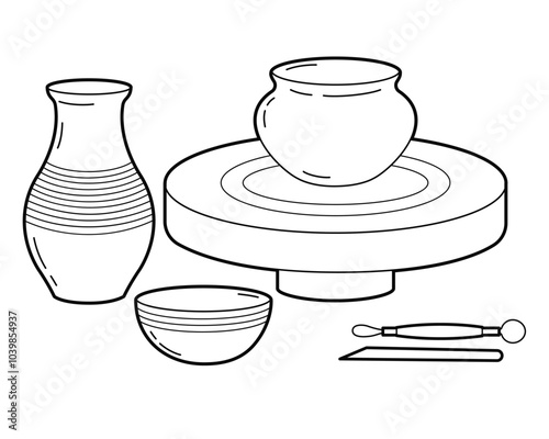 Pottery equipment and ceramic pottery set. Tools for pottery and handmade ceramic pots. Outline illustration, isolated on white background, design elements or page of children's coloring book