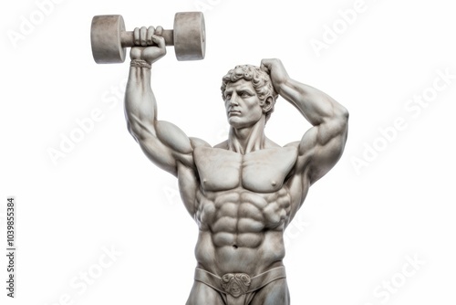 Greek sculpture holding dumbbell sports statue adult. photo