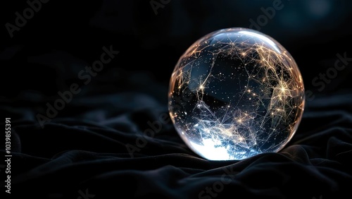 A clear glass sphere, like a globe, sits on dark fabric. Lights depict a network of connections.

