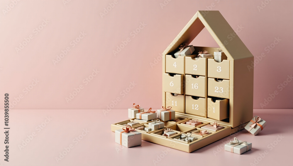 Obraz premium A charming Advent calendar shaped like a house with small gift boxes and numbered drawers awaits the countdown to Christmas, creating holiday anticipation and excitement. 3D illustration