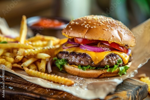 Cheeseburger tomato onion food. photo