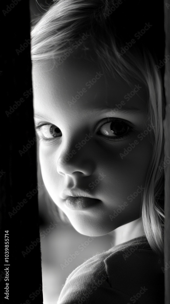 A thoughtful child gazes through a doorway in soft light during a quiet afternoon A thoughtful child gazes through a doorway in soft light during a quiet afternoon