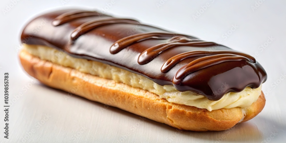 A single eclair with rich chocolate glaze and a creamy vanilla filling, resting on a plain white surface A single eclair with rich chocolate glaze and a creamy vanilla filling, resting on a plain white surface