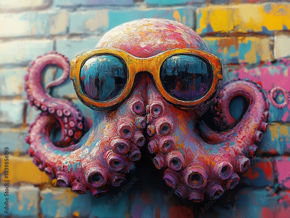 playful octopus wearing sunglasses against a bright, colorful backdrop, embodying a fun and whimsical vibe, perfect for a cheerful artistic expression