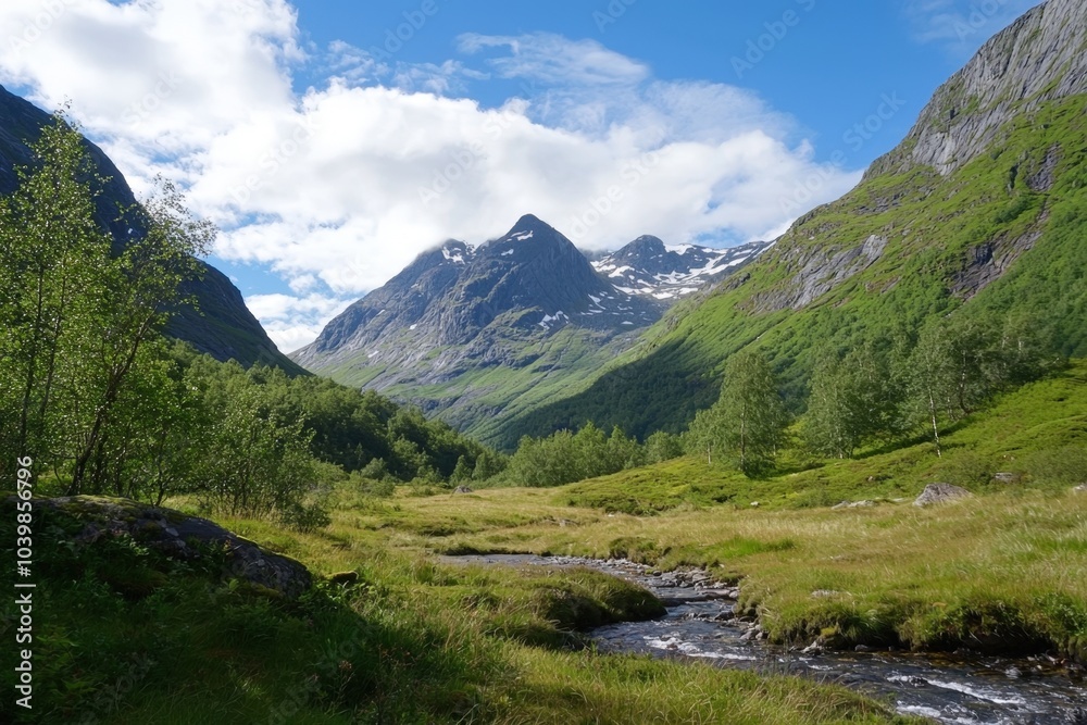 Serene mountain valley with a flowing stream under a bright blue sky in Norway Serene mountain valley with a flowing stream under a bright blue sky in Norway