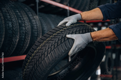 In grey gloves, taking the tire. Man worker is maintenance station with wheels photo