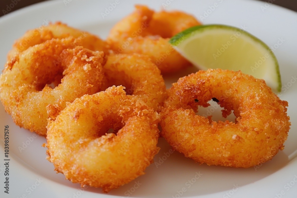 Crispy golden doughnuts fresh from the fryer with a slice of lime on a white plate Crispy golden doughnuts fresh from the fryer with a slice of lime on a white plate