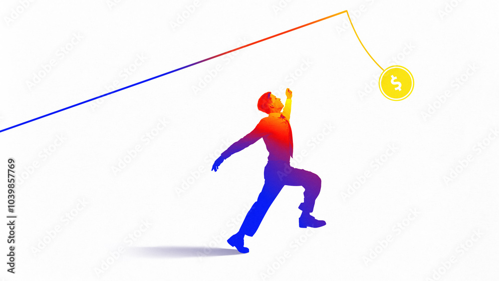 Businessman reaching towards dangling dollar symbol, representing the pursuit of financial success and achieving business goals. Contemporary art collage. Concept of business, motivation