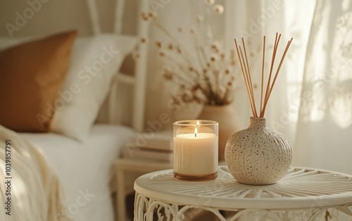 A cozy luxury bedroom scene highlighting an aromatic scented candle, a chic ceramic vase, and a reed diffuser on a white metal table
