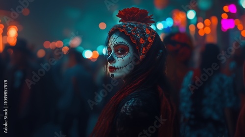 Full body of Catrina at a Day of the Dead party with vibrant lights