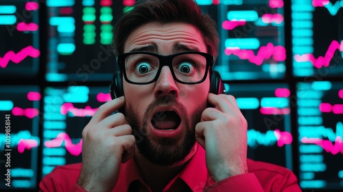 Stock trader on phone with panicked expression, screens showing massive losses, 3D illustration photo