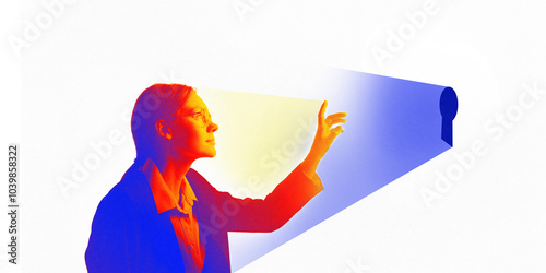 Businesswoman reaching towards keyhole beam of light, symbolizing unlocking future potential and business opportunities. Contemporary art collage. Concept of business, innovation, professional growth