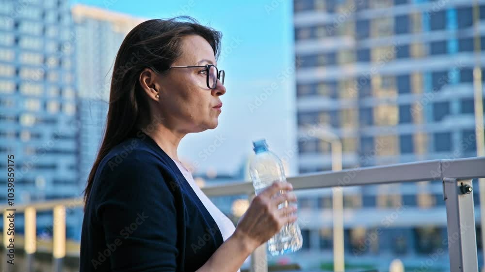 Middle aged businesswoman drinking water from bottle, outdoor city background Middle aged businesswoman drinking water from bottle, outdoor city background