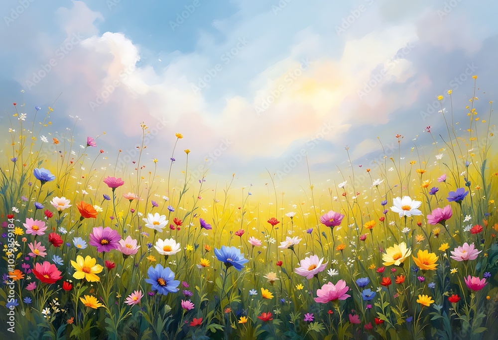 Camomile field in an abstract painting. Picturesque daisies on the picture. Digital illustration.
