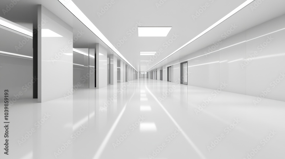Modern Spacious Hallway with White Walls and Floor Modern Spacious Hallway with White Walls and Floor