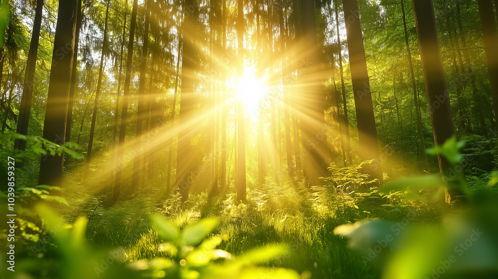 Fototapeta premium Sun rays shine through trees in a tranquil forest, lighting up the vibrant foliage below