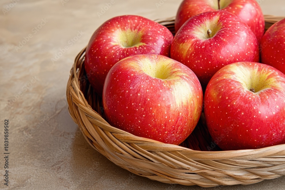Freshly harvested red apples nestled in a rustic basket on a smooth countertop Freshly harvested red apples nestled in a rustic basket on a smooth countertop
