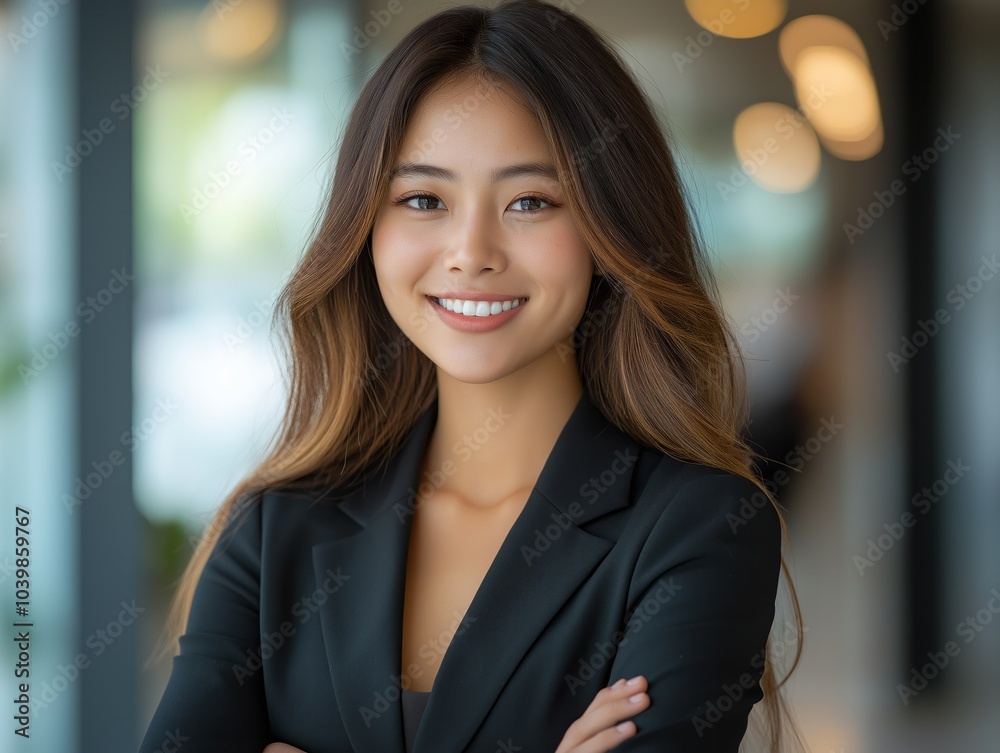 Young asian businesswoman smiling with confidence in office building Young asian businesswoman smiling with confidence in office building