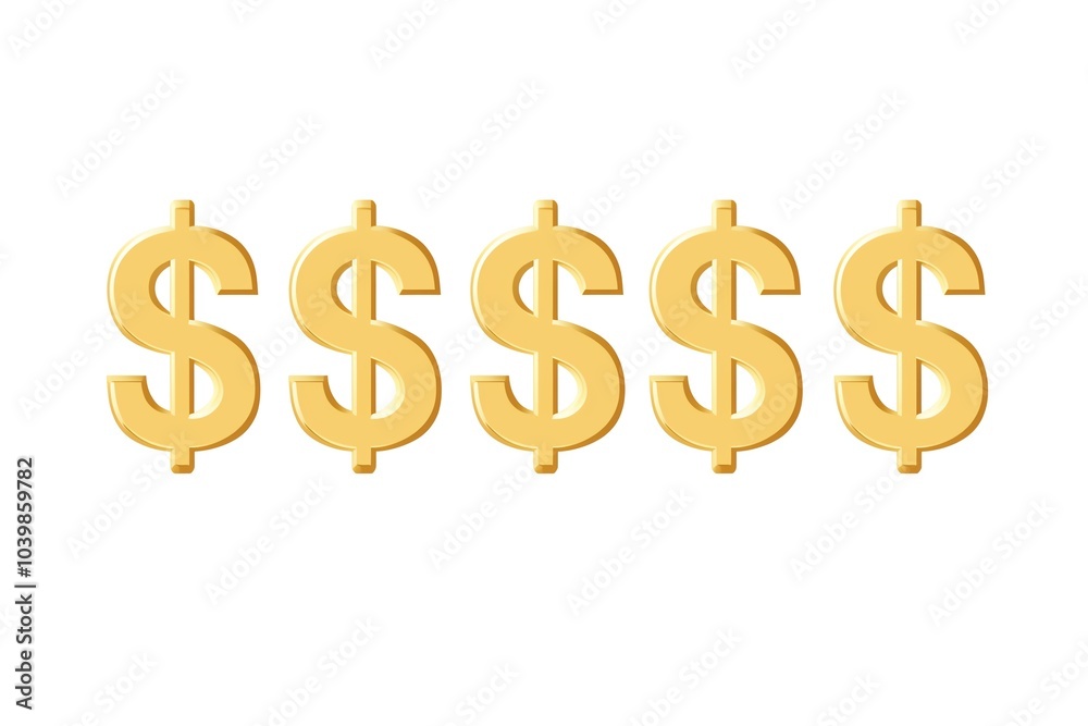 Five golden dollar signs isolated on a white background, symbolizing wealth and financial success. Five golden dollar signs isolated on a white background, symbolizing wealth and financial success.