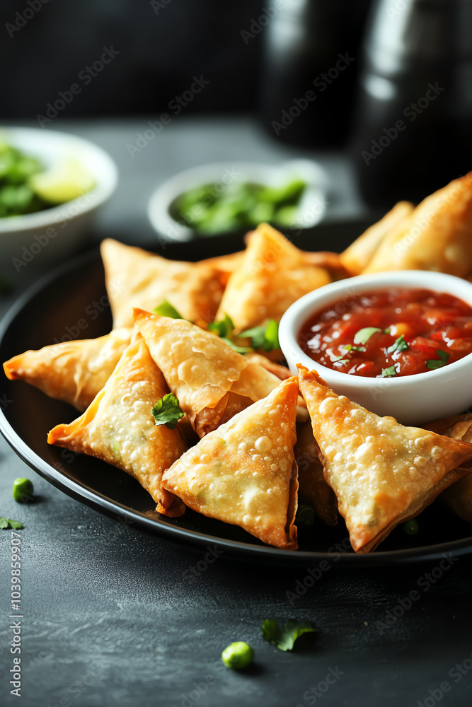 Delicious samosas with dipping sauce