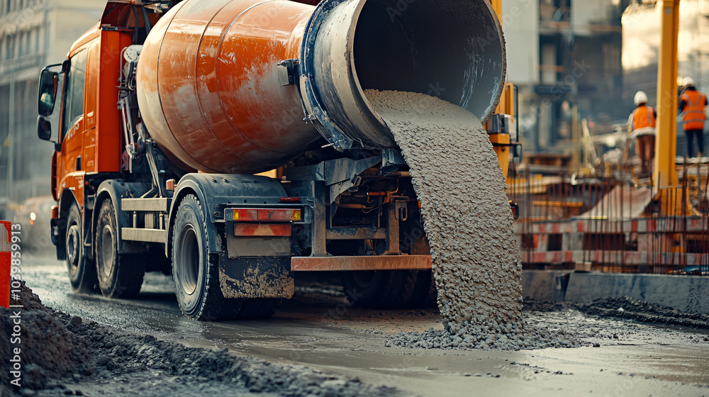 Concrete Mixer Truck Pouring Concrete on Construction Site Concrete Mixer Truck Pouring Concrete on Construction Site
