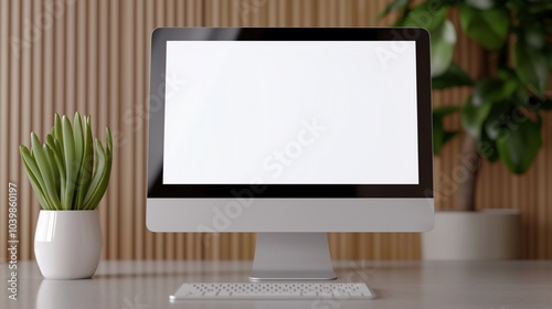 Succulent plant near computer monitor mockup desk. Office electronics with display template advertising image. Workplace arrangement with pc screen mock up product photorealistic