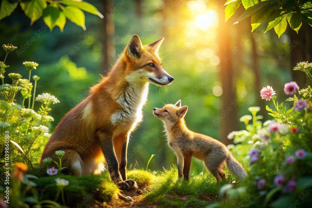 Fototapeta premium Captivating Interaction Between a Young Red Fox and Its Mother in a Panoramic Landscape