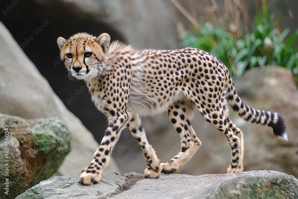 Cheetah gracefully strides across rocky terrain in a lush habitat during daylight Cheetah gracefully strides across rocky terrain in a lush habitat during daylight
