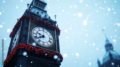 Black vintage clock tower decorated with red garlands and lights, snow falling softly, moody winter lighting, wide shot capturing the whole structure against the twilight sky