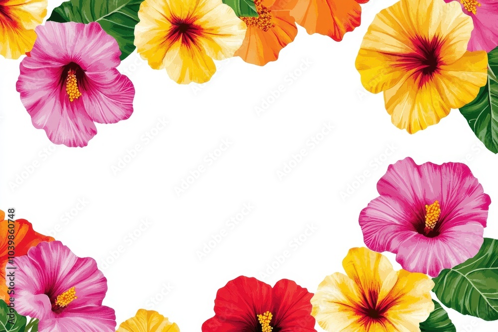 Vibrant hibiscus flowers frame a blank canvas, inviting creativity and artistic expression Vibrant hibiscus flowers frame a blank canvas, inviting creativity and artistic expression