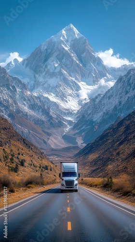 a white cargo truck with an empty trailer gliding smoothly along a scenic highway framed by majestic mountains and a clear blue sky capturing the essence of travel and logistics in motion