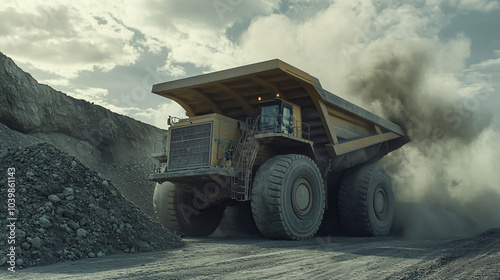 Large Mining Dump Truck Driving on a Dirt Road With Dust and Rocks