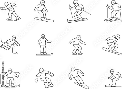 Simple icons representing various winter sports in a line outline style.