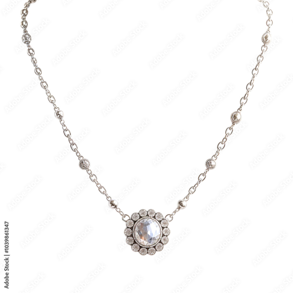 Silver necklace with diamonds, precious stones isolated on transparent background. Necklace png. Jewelry
