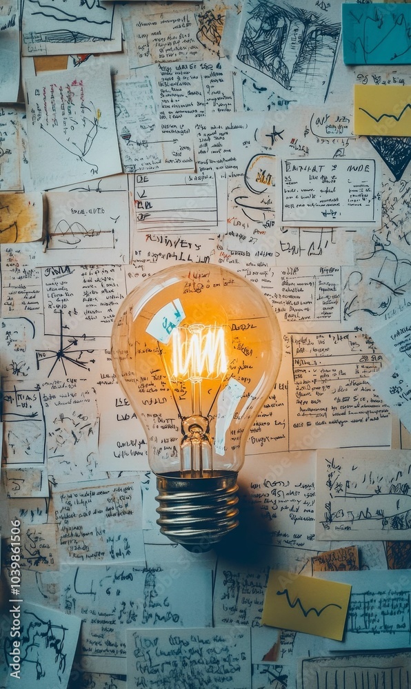 A light bulb amongst handwritten notes. A light bulb amongst handwritten notes.