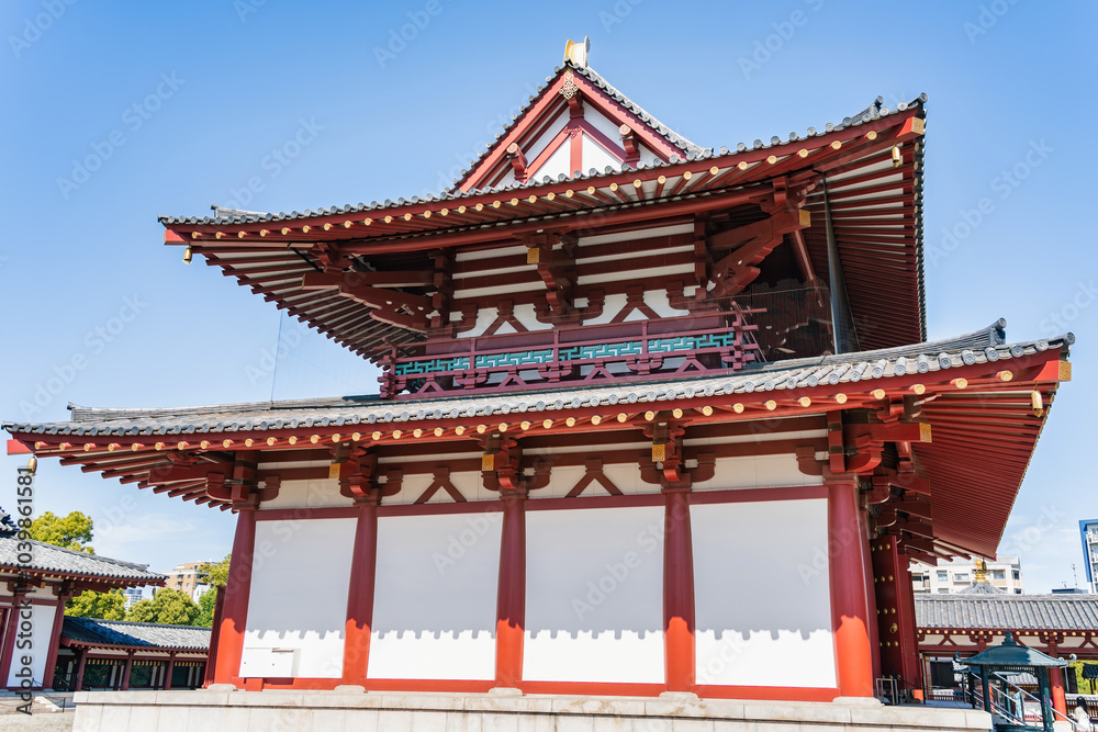 Shitennoji Buddhist temple complex located in Osaka, Japan. Traditional Japanese architecture Shitennoji Buddhist temple complex located in Osaka, Japan. Traditional Japanese architecture